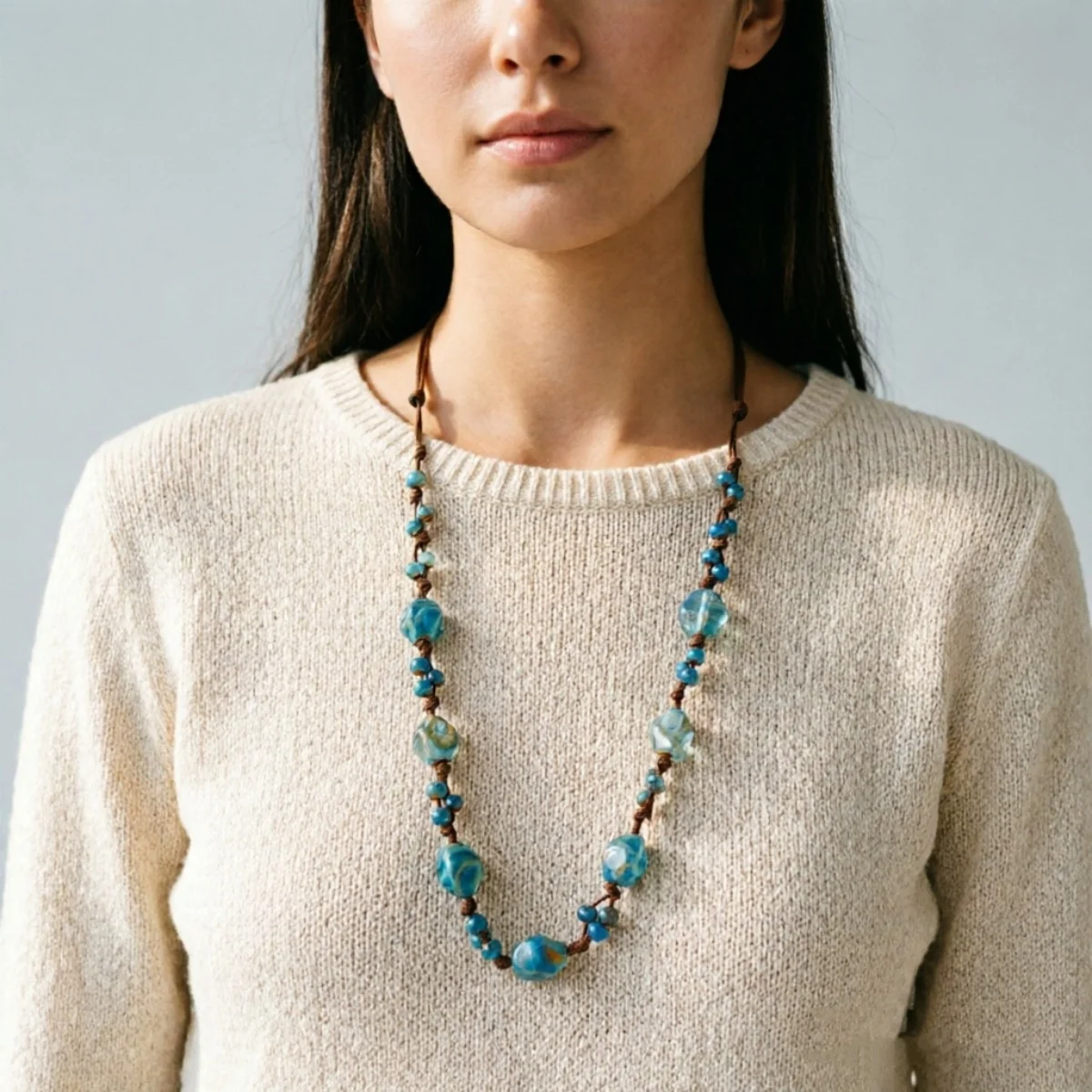 Retro-Künstlerischer Stil Unregelmäßige Blaue Keramikperlen Lange Halskette für Frauen Männer Boho Ethnische Braune Wachsschnur Pulloverkette Schmuck – Detail 20