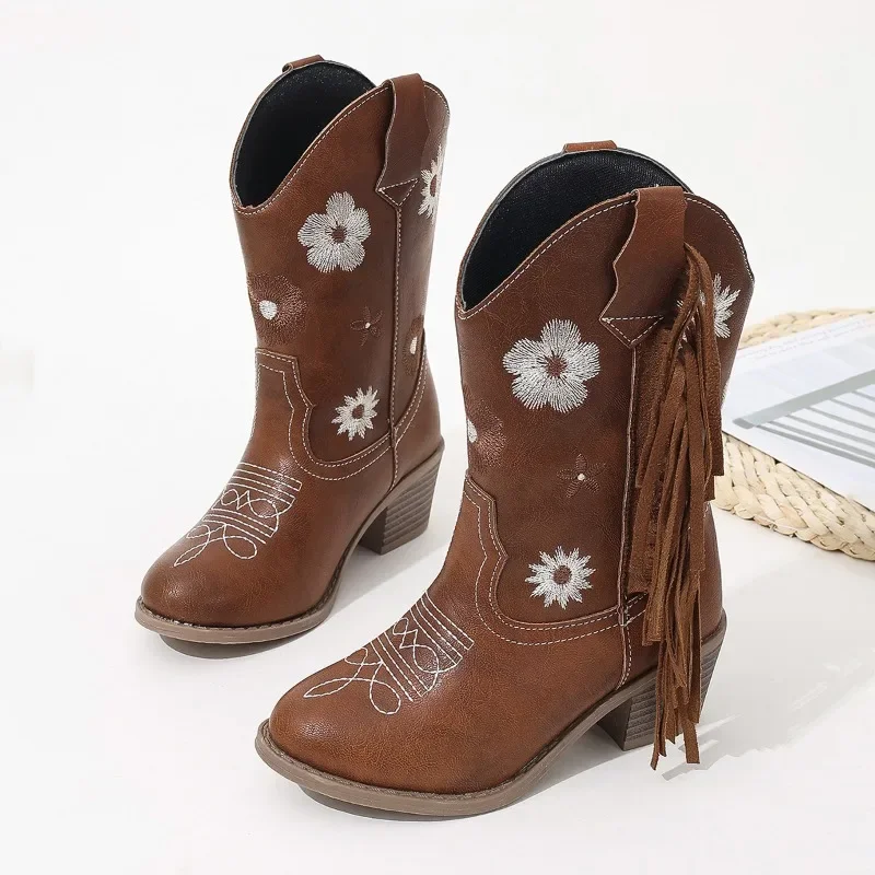 Girls Floral Embroidered Cowboy Boots Children Brown Tassel Long Boots Kids Heeled Point Toe Boots Western Style 2026 New