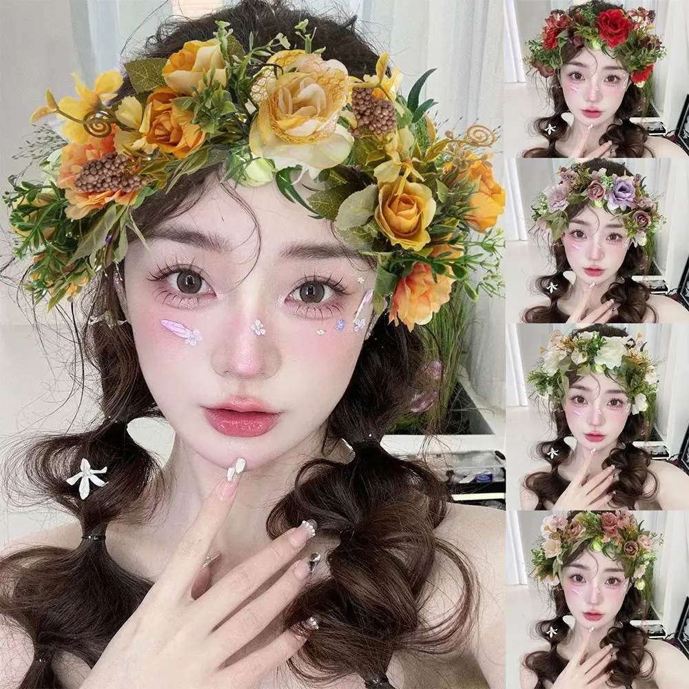 

Bohemian Festival Wedding Flower Crown Photo Props Rose Flower Headband Green Leaf Floral Headpiece for Women Girls