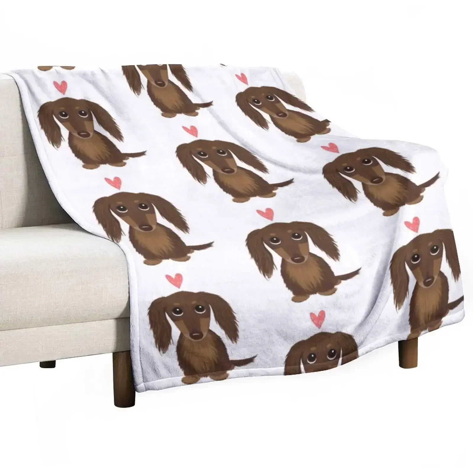 Longhaired Chocolate Dachshund | Cute Wiener Dog with Heart Throw Blanket Flannel heavy to sleep Blankets