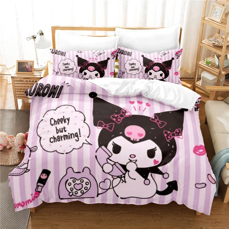 Śliczne nadruk kreskówkowy zestawy pościeli Kawaii moja melodia Kuromi Hello Kitty 3D nadruk poszewka na kołdrę urocza kreskówka kapa na kołdrę