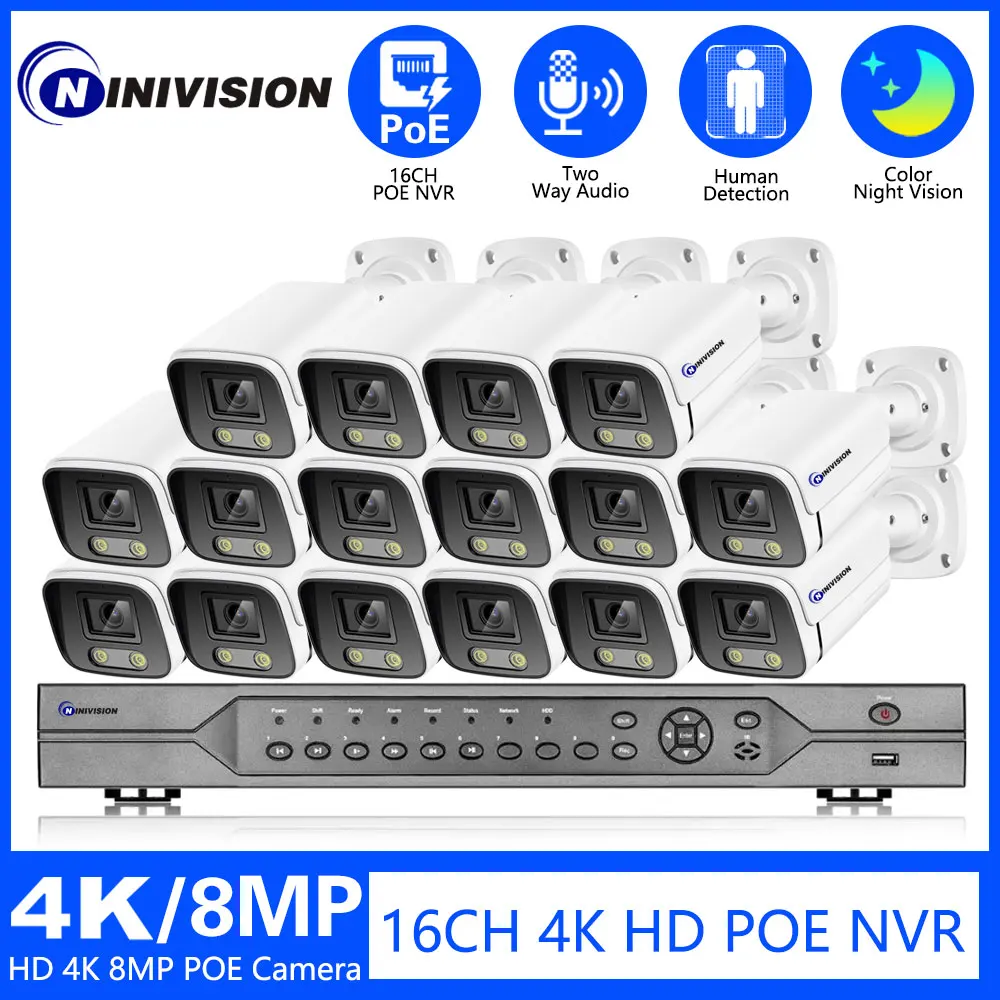 

16CH POE NVR 4K 3.6mm Wide-Angle CCTV Security Camera System 8MP Color Night Vision Two-Way Audio Camera Video Surveillance Set