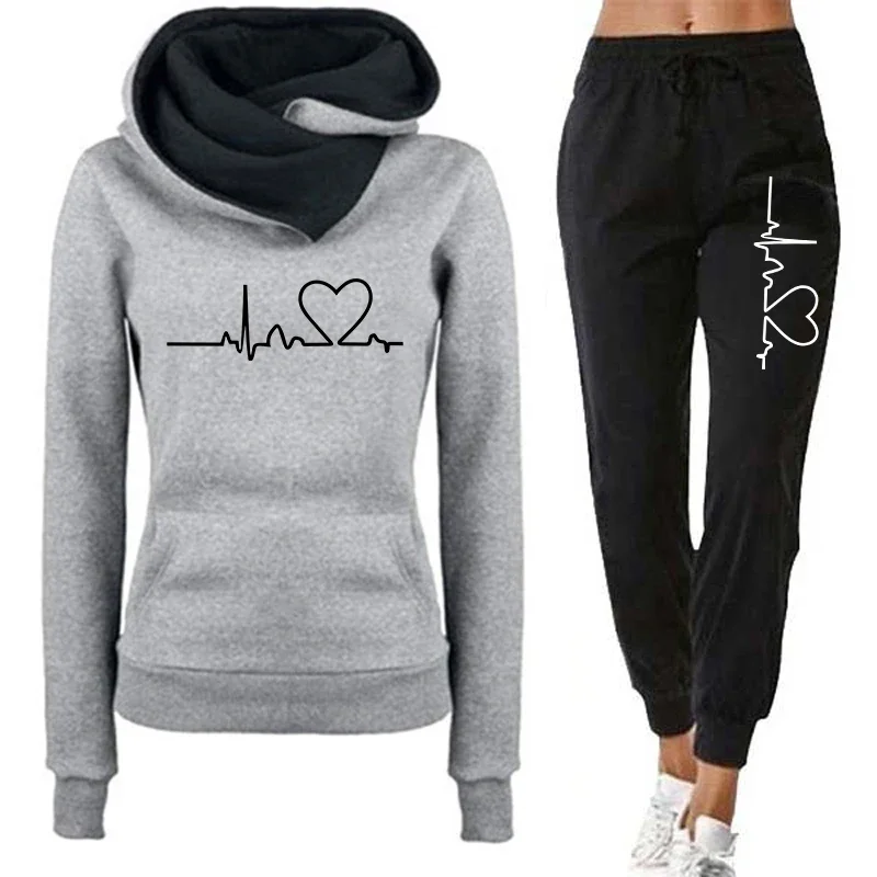 Womens Tracksuit Trend Double Neck Hooded Sweatshirts+Sweatpants 2 Piece Set Heart Printing Casual AutumnWinter Outfits Clothing