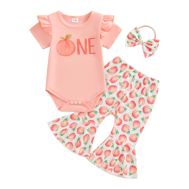 

Baby Girls Summer Birthday Outfit Peach Print Short Sleeves Romper and Flare Pants Headband 3 Piece Clothes