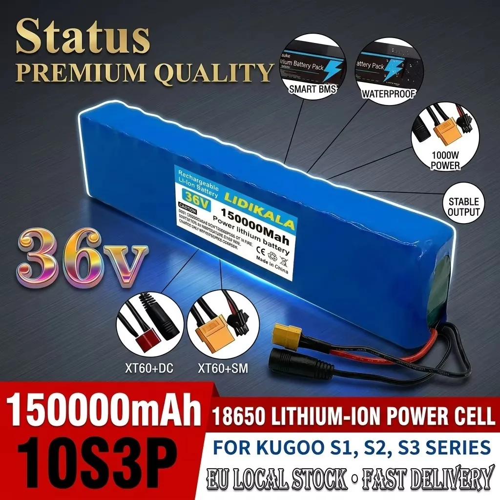 LIDIKALA Neuer 10S3P 36V 150Ah Lithium-Akku-Pack mit 18650 Grade-A-Zellen, Mehrfachschutz-BMS, wiederaufladbarer Ersatz-Akku für 1000W Elektrofahrrad, Elektroroller und modifizierte Fahrzeuge