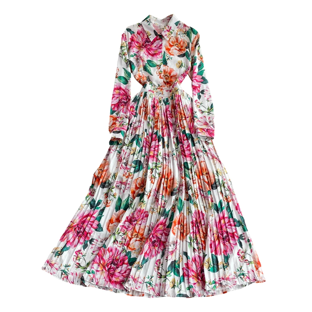 Vestido largo plisado con flores para mujer, ropa femenina Vintage de lujo para vacaciones y otoño