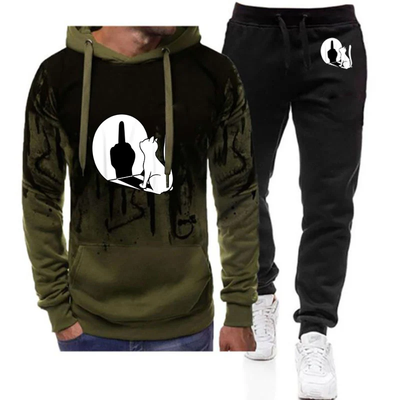Middle Finger Cat Funny Men's New Spring and Autumn Casual Printing Pullover Hoodie + Sweatpants Color Two Piece Suit
