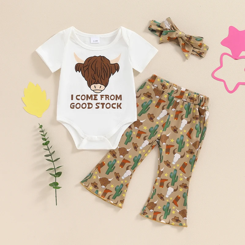 

2024-04-02 Lioraitiin 0-18M Infant Baby Girl Western Outfits Short Sleeve Cow Print Romper with Flare Pants Headband Set Clothes