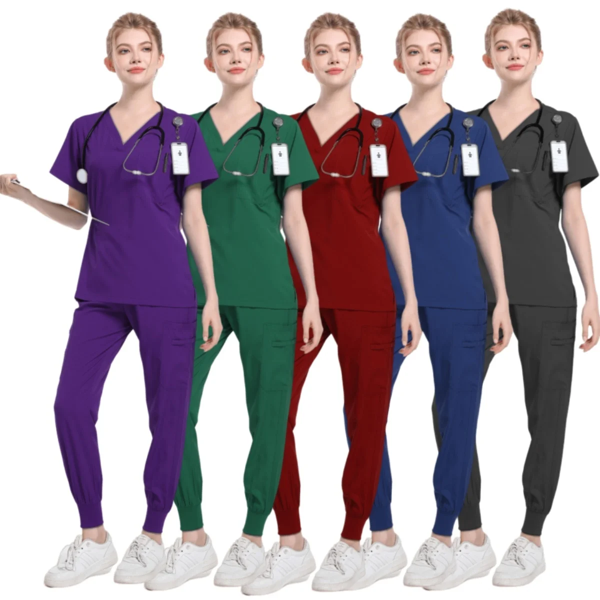 Multicolour Short Sleeve V-Neck Top Pocket Pants Nurse Scrubs Set Medical Clinical Clothes Jogger Suits Doctor Nursing Uniforms