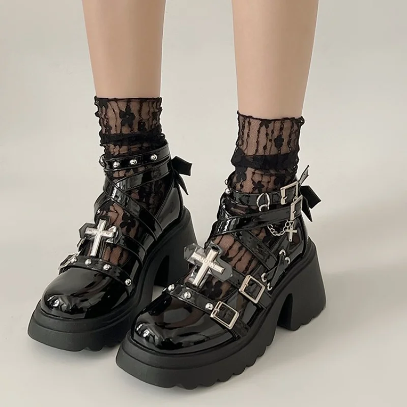 Nity Decor Chunky Platform Punk Ankle Boots Women 2024 Winter Pu Leather Black Boots Woman Metal Buckle Gothic Shoes