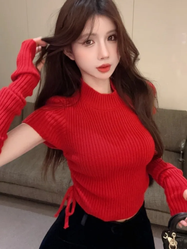 

Ankela Red Spicy Girl Drawstring Pleated Knit Short Sleeve Women's Autumn Winter Pure Desire Inner Wear Base Layer Shirt
