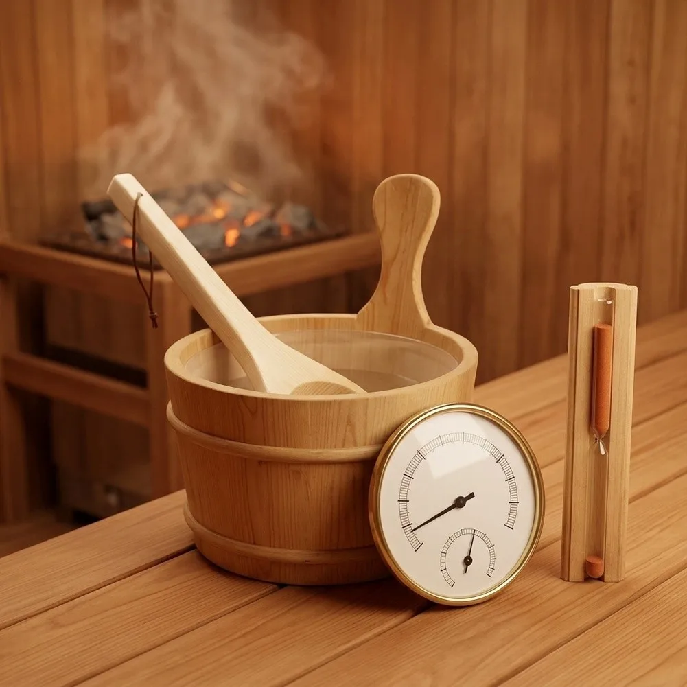 Complete Sauna Accessory Kit With Wooden Tub, Spoon, Humidity Gauge & Hourglass, Practical Supplies For Sauna Room Decoration