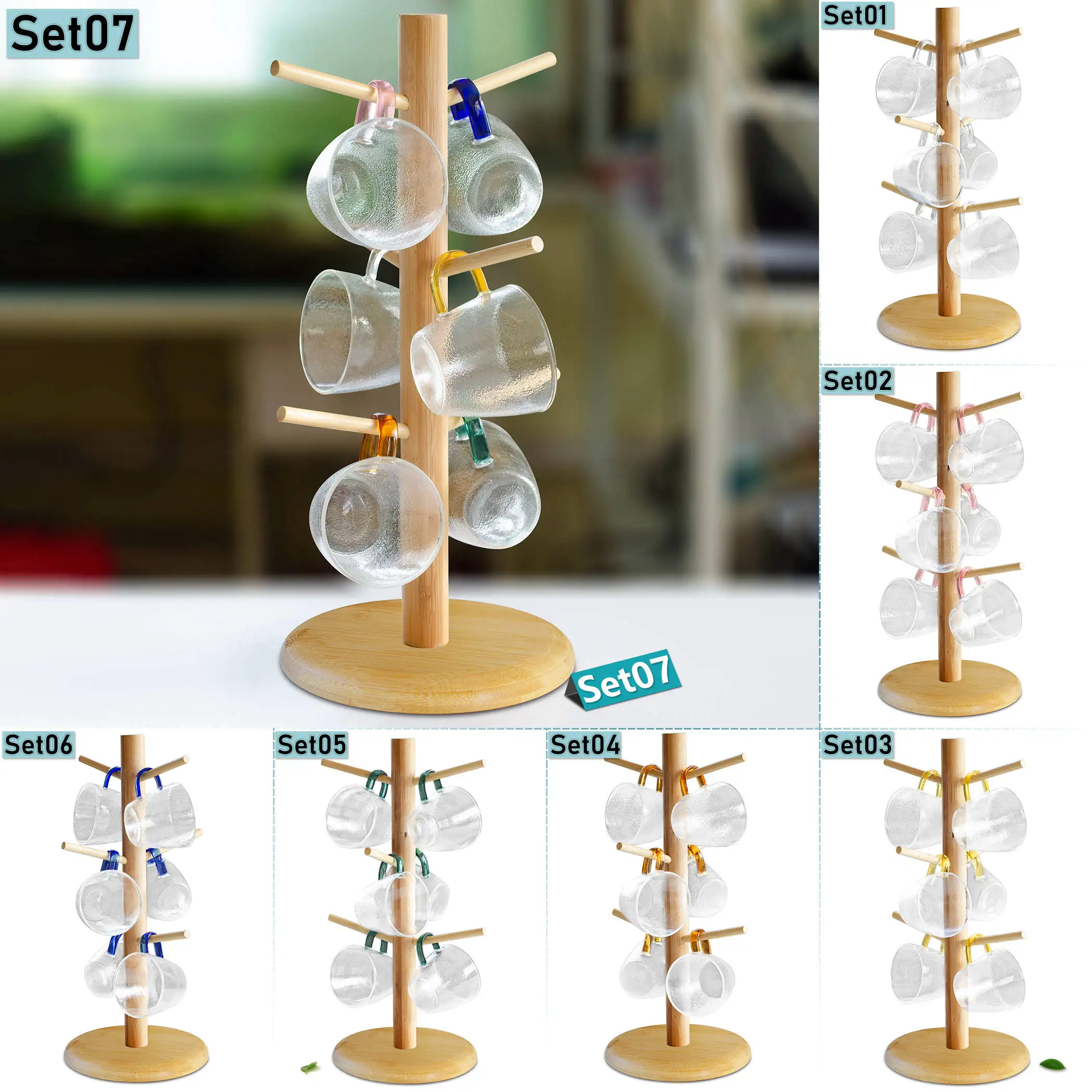 7 in 1 Set - 1pc 6 Grids Rack Wooden Tree Shape Mug Holder Hook Tree + 6pcs 120ml Heat Resistant Hammered Glass Small Cup