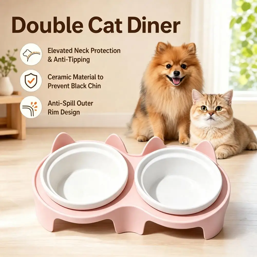 Slanted Double Pet Bowl Cat Food & Water Bowl with Anti-Tip Design Large Capacity Easy-Eat Design for Pet Dog Cat Feeding Bowl