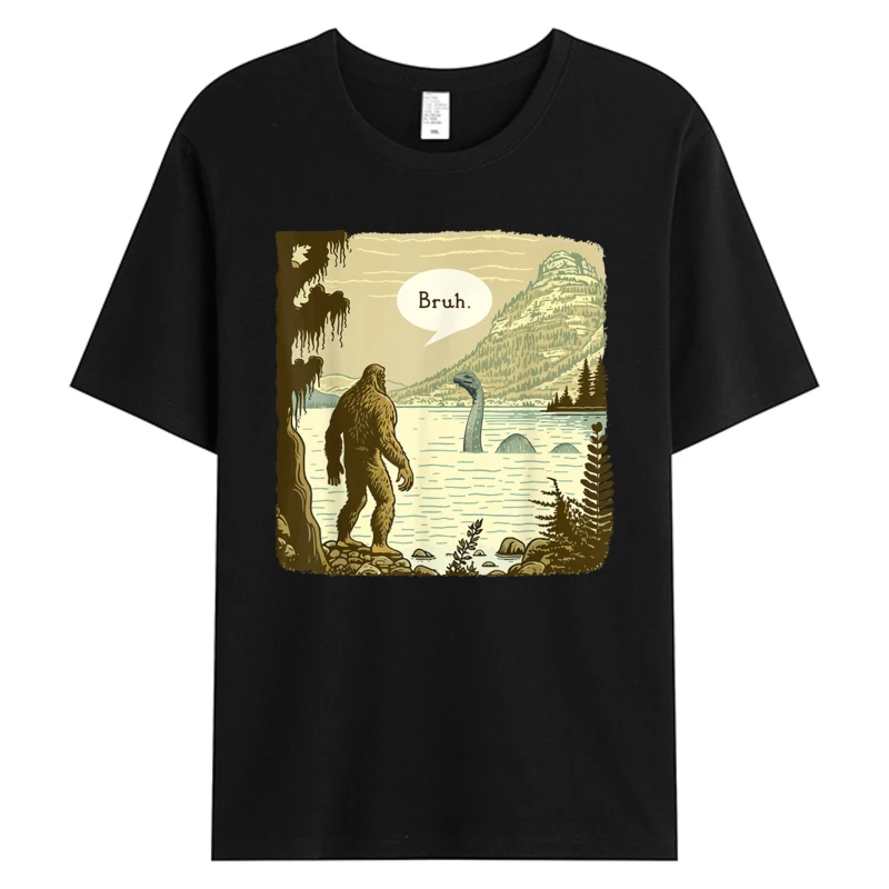 

Funny 2025 Man T-shirt Bigfoot Sasquatch Loch Ness Monster Introvert Bruh Tops Men's Cotton Fabric Hot Sell Graphic T-Shirts