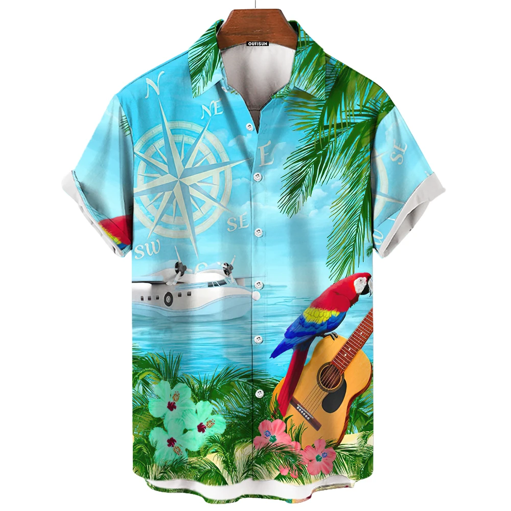 Men\'s Hawaiian Shirt Summer Short Sleeve Shirt 3D Parrot Print Pattern Casual Resort Clothing Lapel Button-Down Shirt T-Shirt