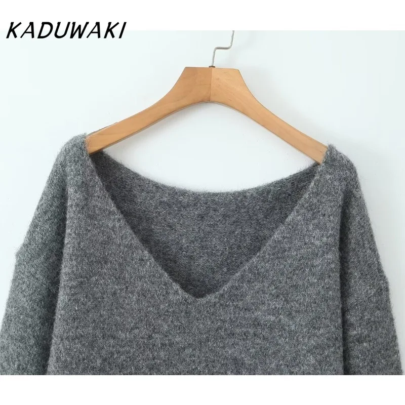 KADUWAKI Classic V-neck Long-sleeved Gray Knit Shirt Casual High-waisted Knit Bustier Long Skirt Fall Y2k Set Кастюмы Для Женщин