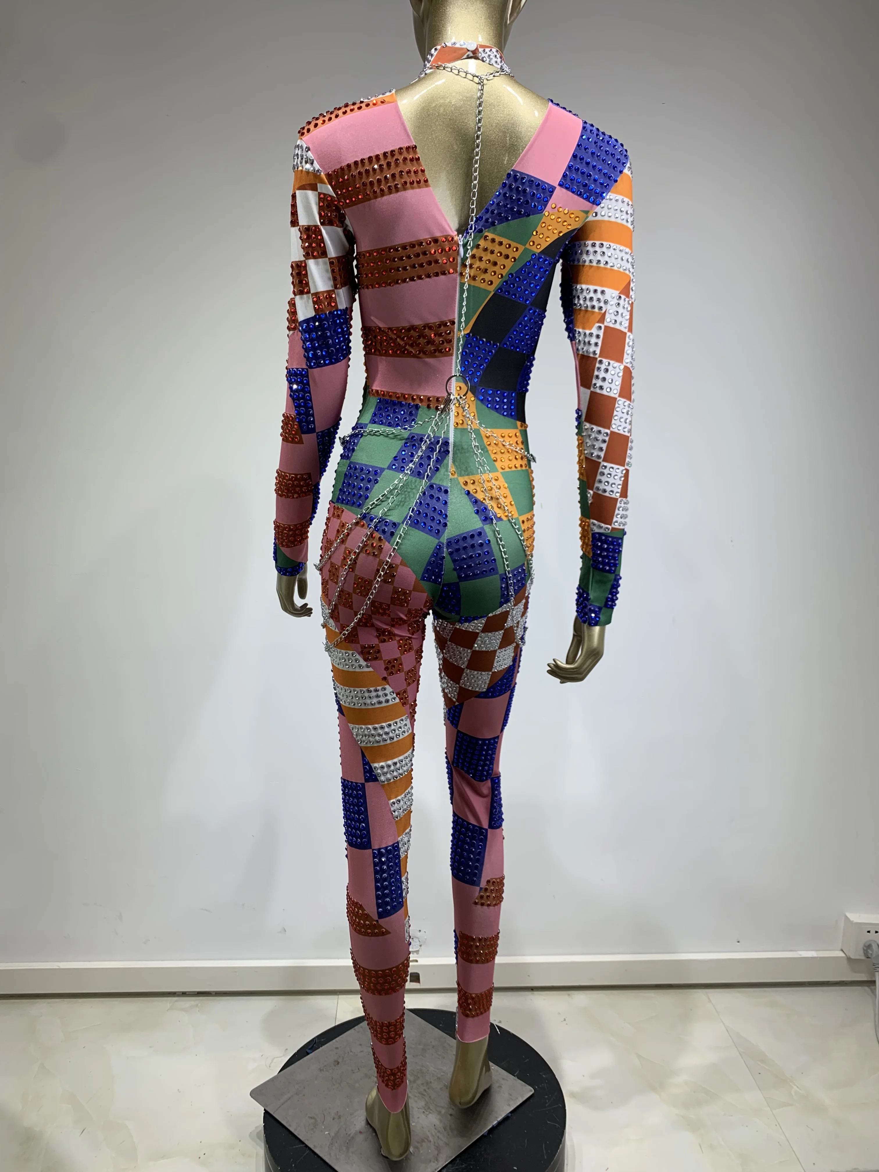 女性カラフルなセクシーなボディコンジャンプスーツ祝う誕生日イブニングパーティー衣装ナイトクラブ歌手キラキララインストーンステージ衣装