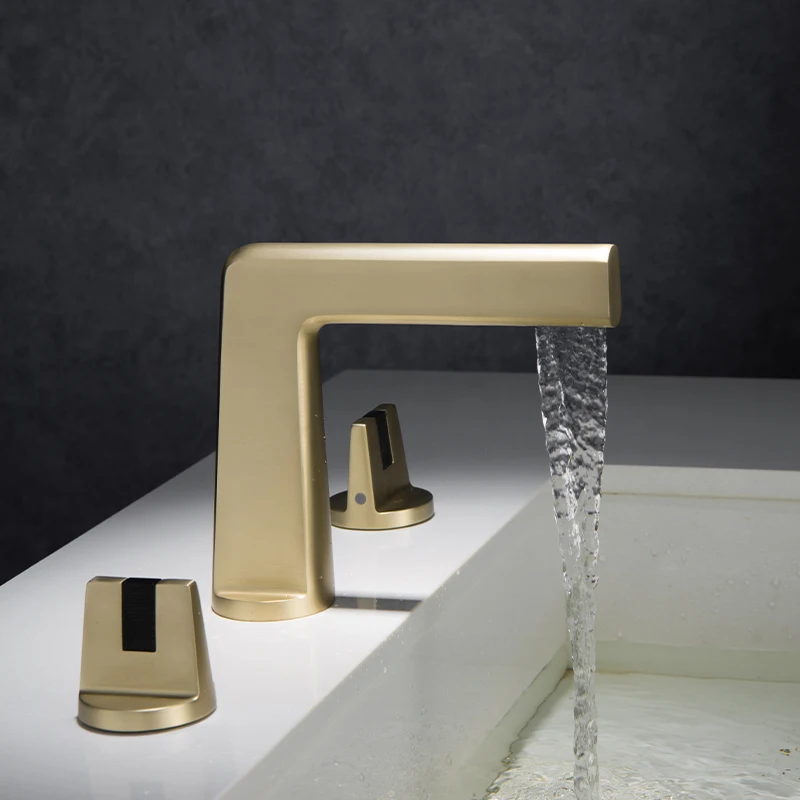 Light Luxury Brushed Gold Faced Basin, Bottom Basin, Faucet, Bathroom, All Copper Double Handle, Three Hole Split, Three Piece