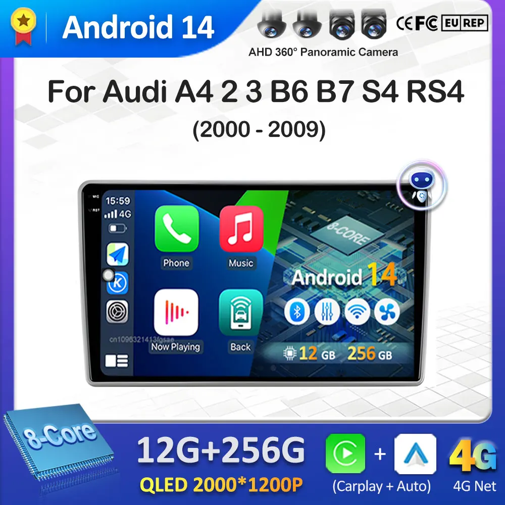 

Для Audi A4 2 3 B6 B7 S4 RS4 2000 2001 2002 2003 2004-2009 Автомобильный аудио мультимедийный радиоплеер Android 14 Беспроводной Carplay WIFI