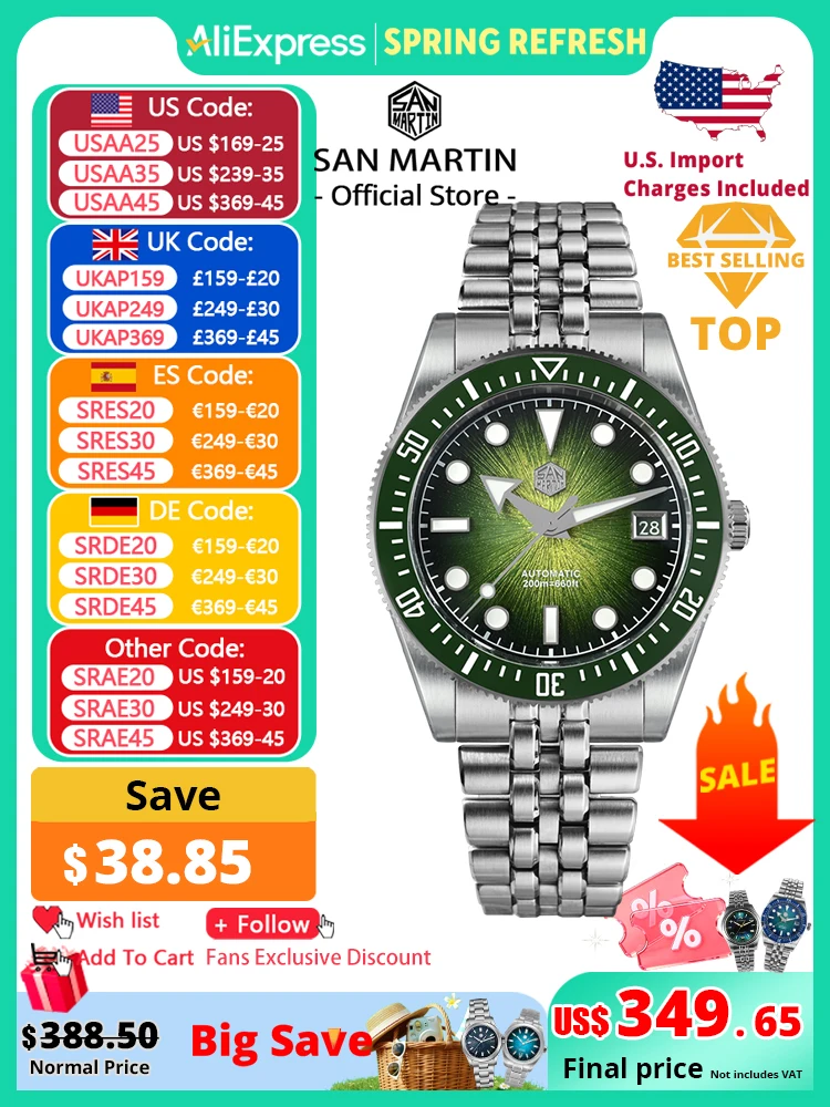 

San Martin 37.5mm 40mm Men Diver Watch Miyota 9015 Enamel Dial Luxury Automatic Mechanical Wristwatch Waterproof 200m SN0148