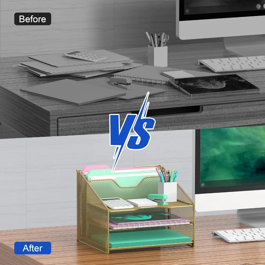 Gold Desk File Organizer with Mesh Letter File Folder Holder 3 Paper Trays and 2 Vertical Upright Sections for Efficient Office