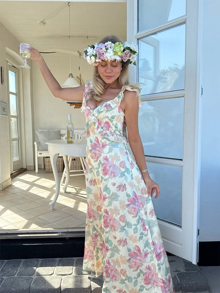 

Женское макси-платье с цветочным принтом, оборками, V-образным вырезом, шикарное, с открытой спиной, на шнуровке, приталенное, струящееся, А-силуэт, 2026, для вечеринок в саду