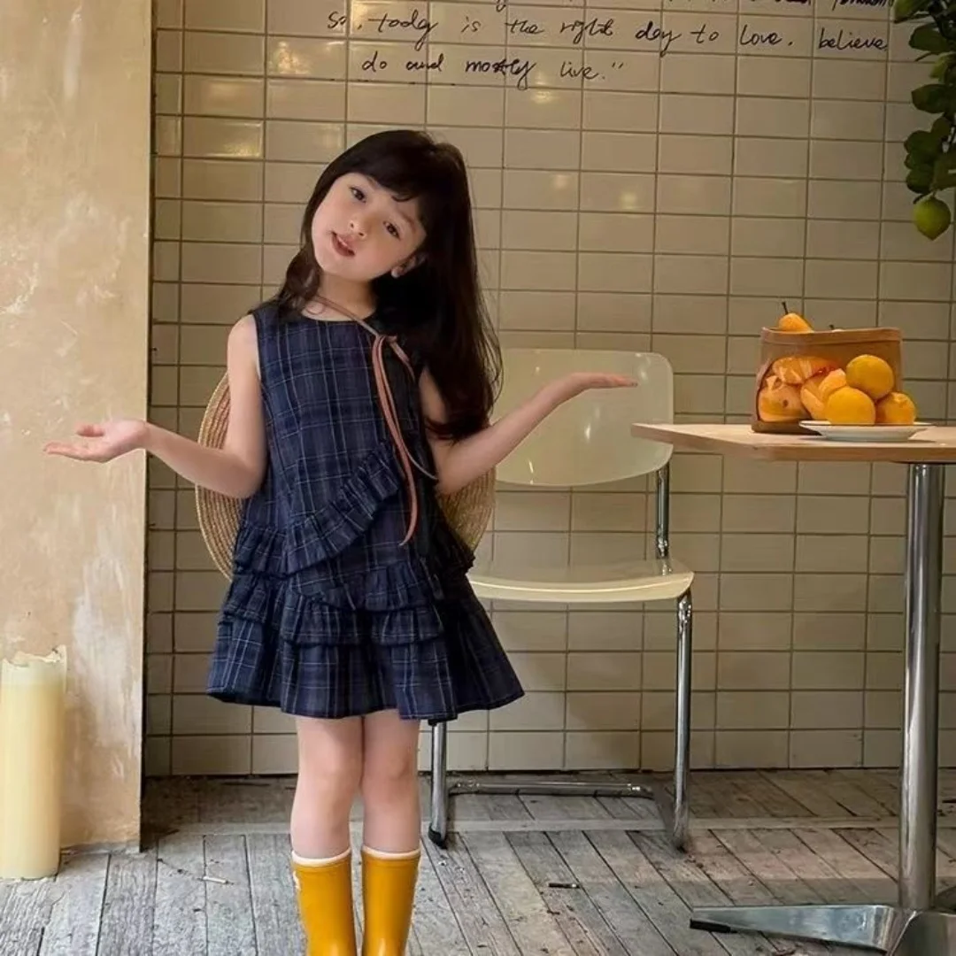 Lotus Leaf Plaid Vest Dress Loose Sleeveless Slimming Cake Irregular Girls' Summer New Dress
