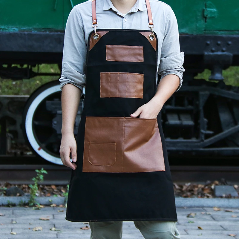 European Restaurant Barber Floral Artist Kitchen Men and Women Overalls Coffee Shop Custom Logo Nail Chef Leather Pockets Apron