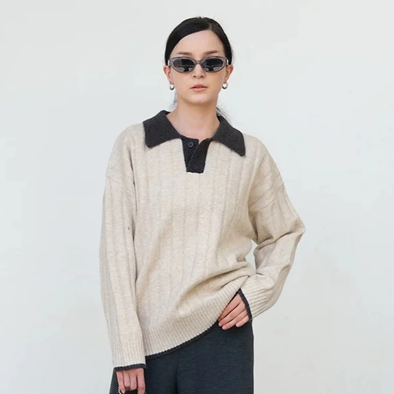 2025 خريف/شتاء جديد 100% سترة صوف نقية المرأة عادية محبوك طوق البلوز فضفاض موضة للجنسين سترة #3