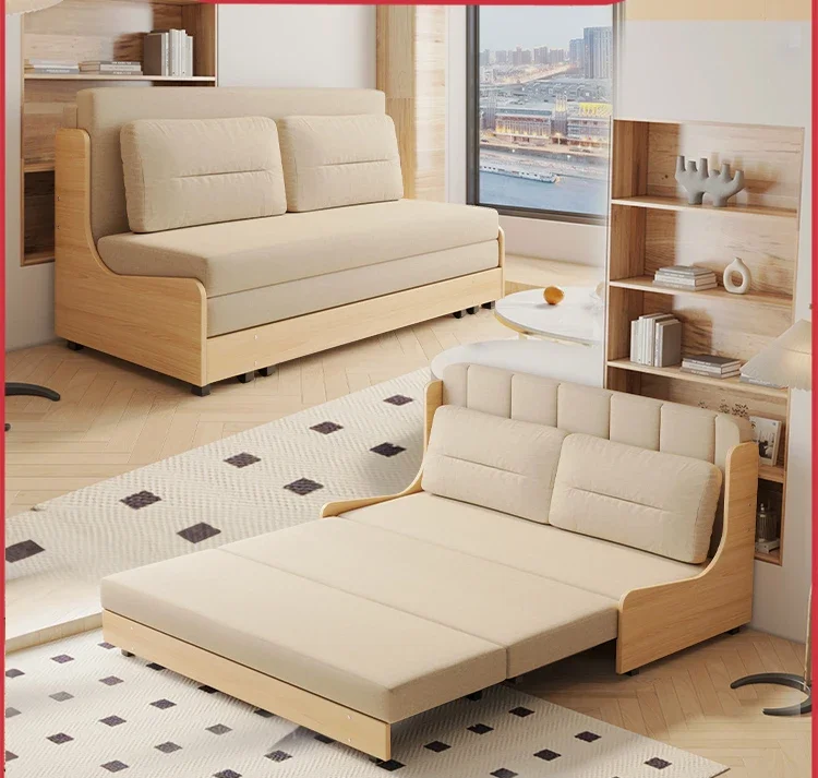 Folding Sofa Bed Dual-Use Double Solid Wood Small Apartment High-Profile Figure Single Telescopic Bed