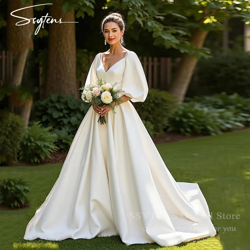 

SSYTENS Customized Simple Vintage White Ivory Satin Wedding Dresses Women Long A-Line Bridal Gown Vestidos De Novia Robe Mariée