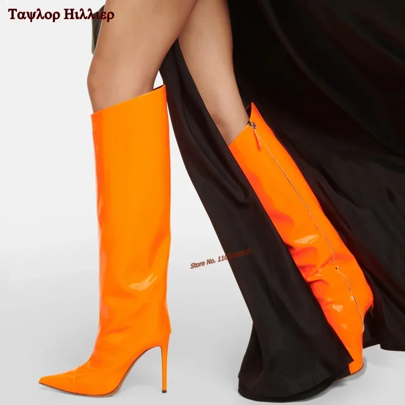 

Autumn Orange Knee High Boots Pointed Toe Stiletto Side Zipper Patent Leather Party Comfort Fashion Women'S Boots Winter 46