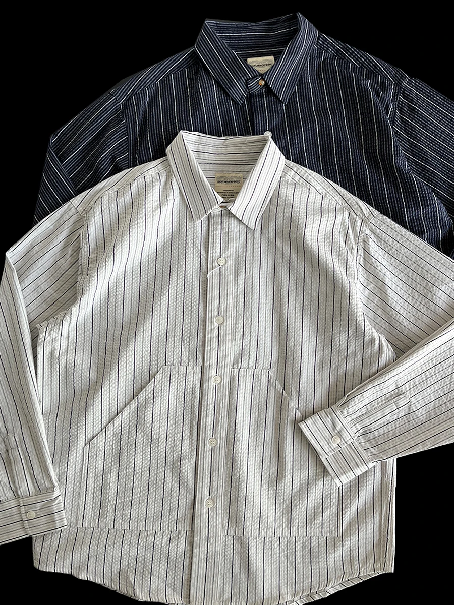 

Японская мужская рубашка в полоску с длинными рукавами, широкого кроя, с пузырчатой текстурой, дышащая, удобная, с защитой от ультрафиолета.