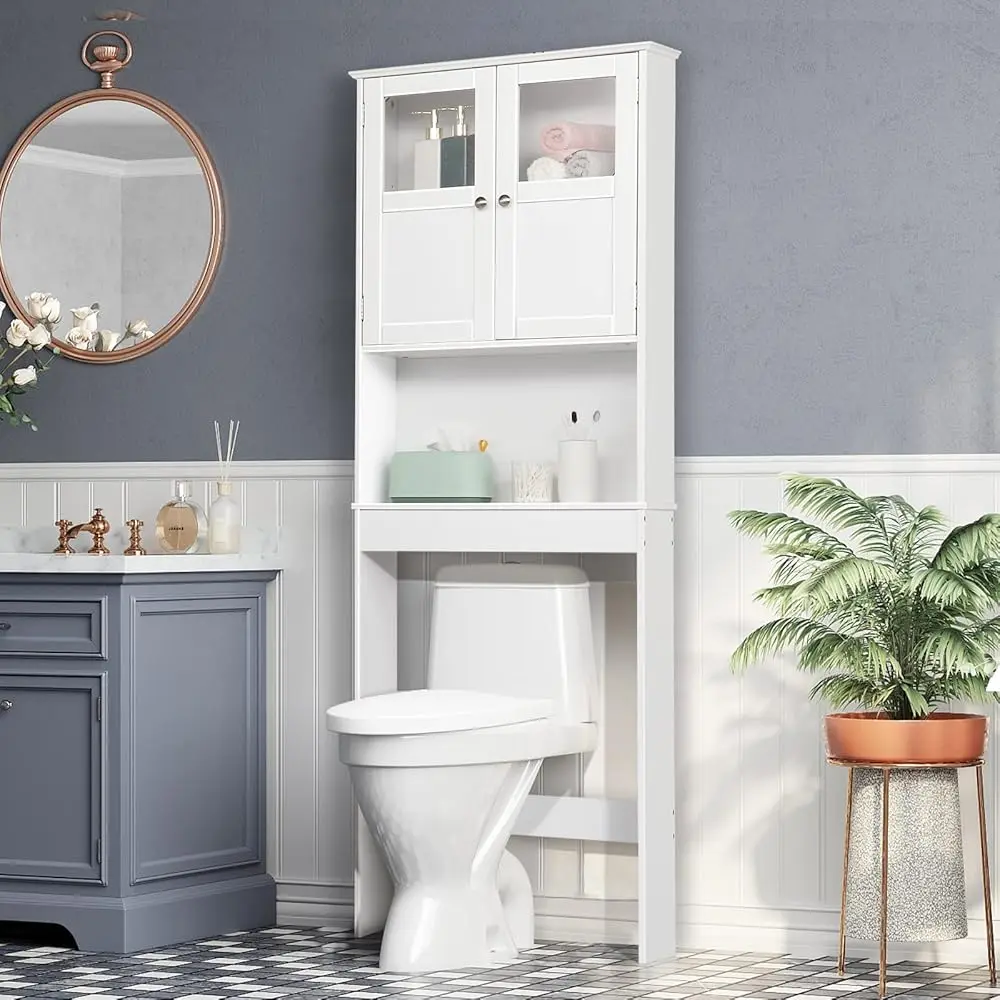 

Over The Toilet Storage Cabinet With Adjustable Shelf White Bathroom Floor Organizer Space Saver With Double Doors, 67"" Height