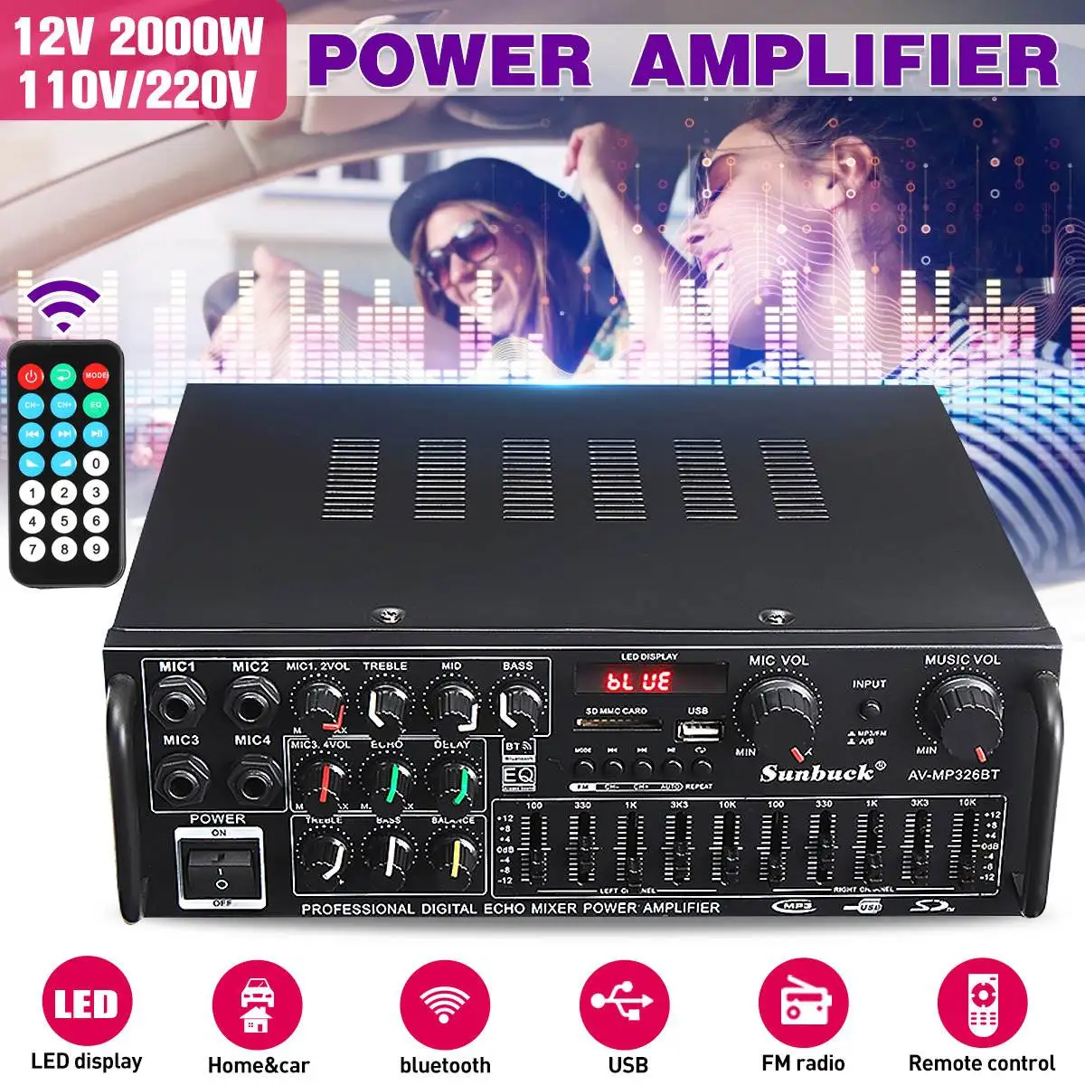 Imagem -02 - Sunbuck 326bt 2000w 2.0 Canais Bluetooth Amplificador de Potência Áudio 12v 220v av Alta Fidelidade Amp Alto-falante com Controle Remoto para Casa do Carro