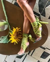 Tulle Lace Up Sandals Pvc Straps Pointed Toe Hollow Stiletto Heels Mesh Summer Women Sexy Casual Party Dress Clear Shoes