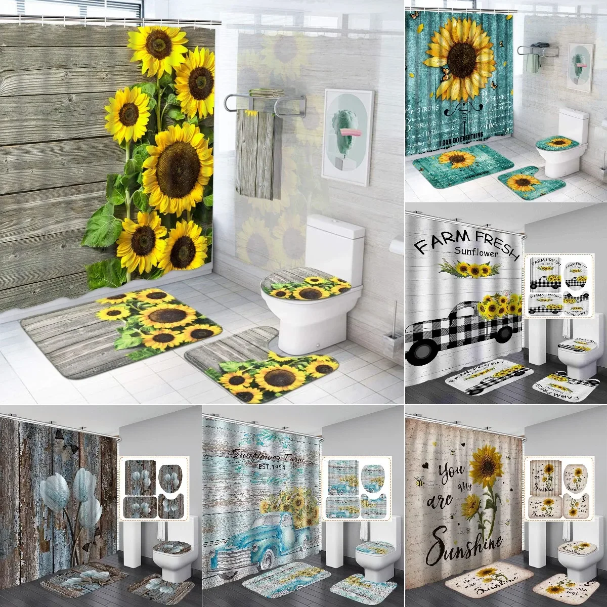 

Набор занавесок для душа с подсолнечником, коврик для унитаза, нескользящий кухонный коврик для ванной, деревянная доска, набор для ванной комнаты, декор, 4 шт.