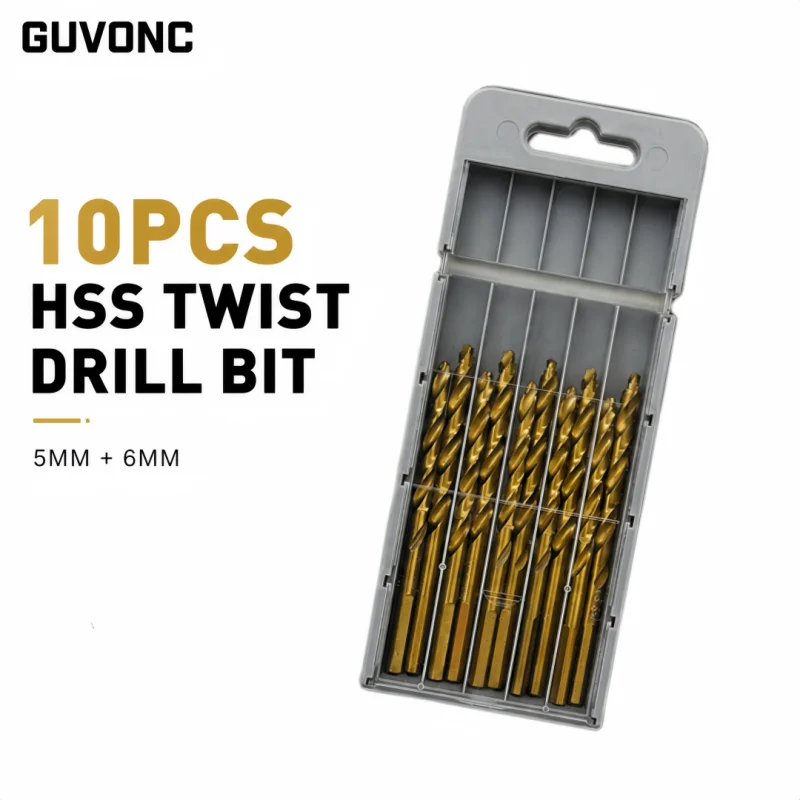 10Pcs HSS Twist Drill Bits Titanium Coated 5mm 6mm Straight Shank Sharp Drilling Bits for Household Workshop Wood Metal Drilling