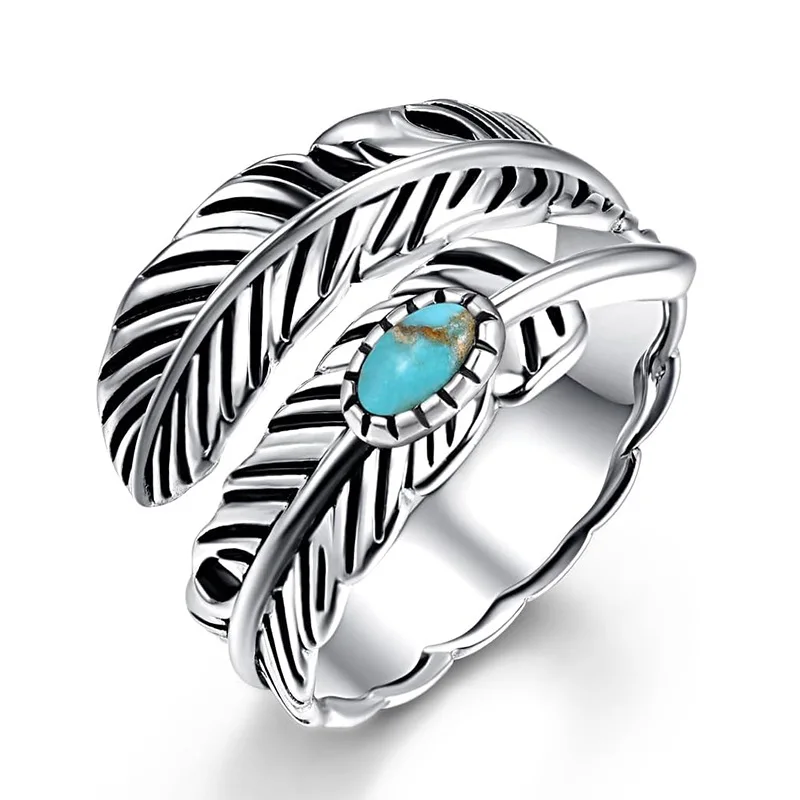 Vintage Female Rings 925 Sterling Silver Feather Shape Opening Rings for Women Turquoise Wedding Ring Party Jewelry Anillos