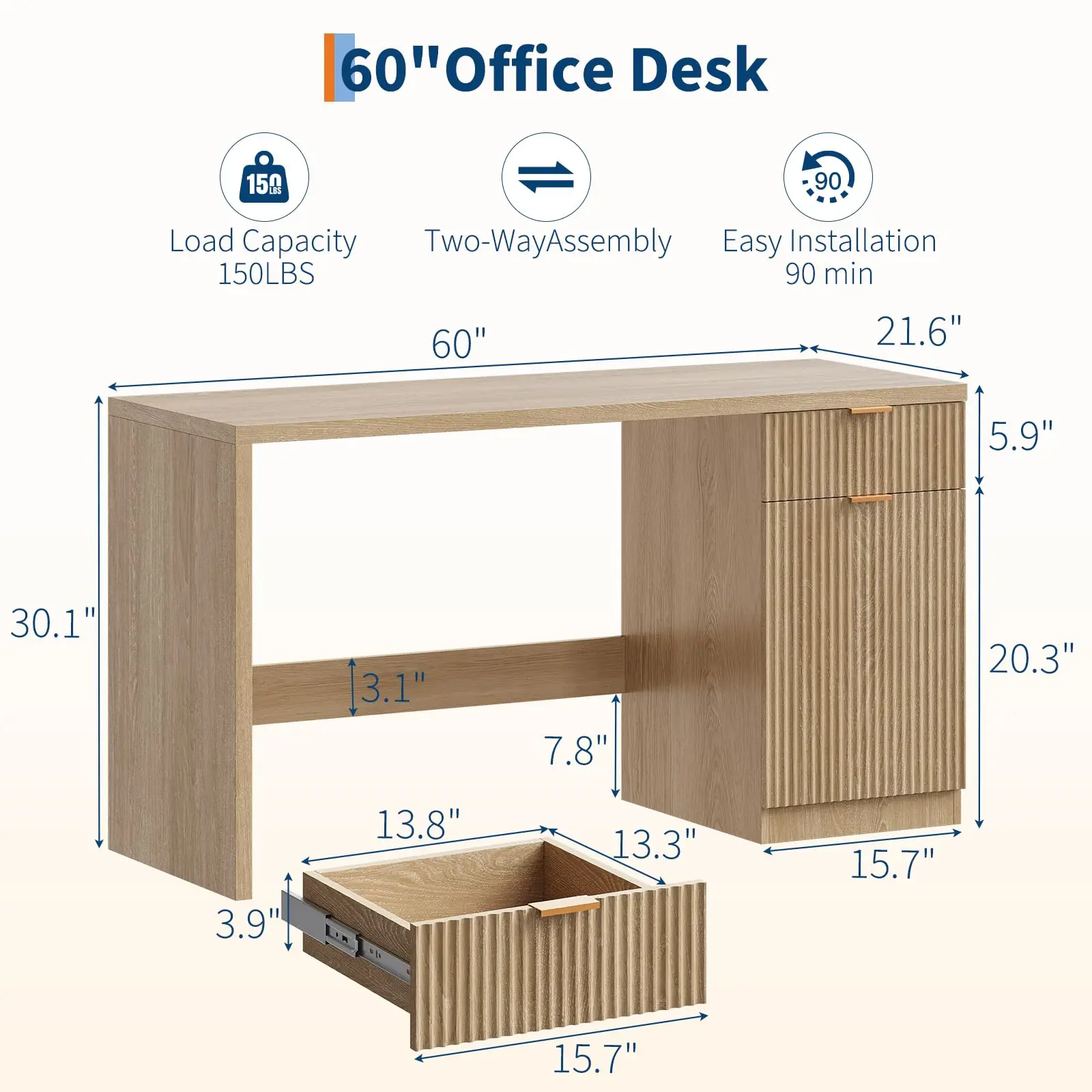 GarveeHome 60" Executive Desk with Storage, Modern Home Office Desk with Drawer & Cabinet, Wood Fluted Computer Desks Workstati