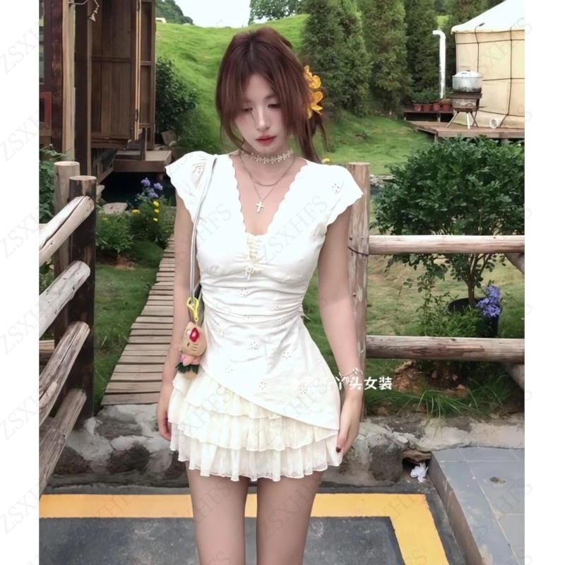 Vestido sexy suave subcultura 2000s verão coreia harajuku estética femme roupas femininas cintura fina renda vestido em camadas