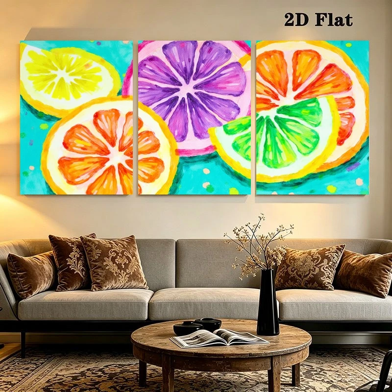 2D Flat, 2D Flat, 3pcs Watercolor Lemon Slices Wall Art Prints, Colorful Citrus Art, Frameless Print Set for Kitchen Dining R