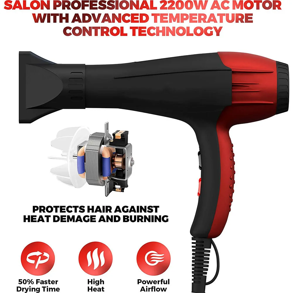 Pengering rambut Salon ionik profesional, 2200W Motor AC kuat pengering tiup Ion pengering rambut tenang dengan 2 nosel konsentrator hitam/merah