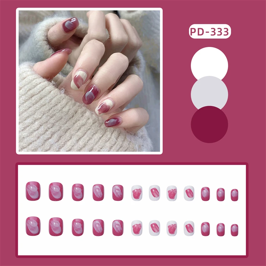 24Pcs/Set Peach Peach Halo Design Art Fake Nail Pieces Fashion French Acrylic Press on Nail Full Cover Wearing False Nails Tips