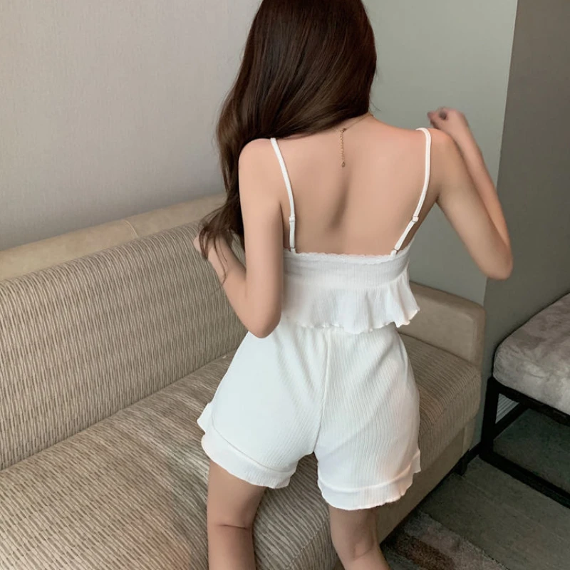 Lace Camisole Sets Women Slim Sexy Pure Casual Simple Cozy Summer Shorts Bandage Daily Streetwear Korean Style Hot Girls Chic