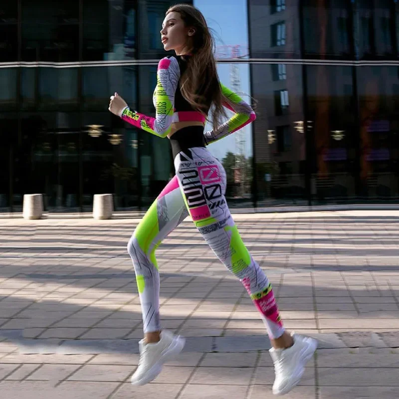 

Oshoplive 2025 New Women Fashion Color-Block Letter Printed Long Sleeves Tops & High Waist Leggings Fitness Yoga Two Piece Sets