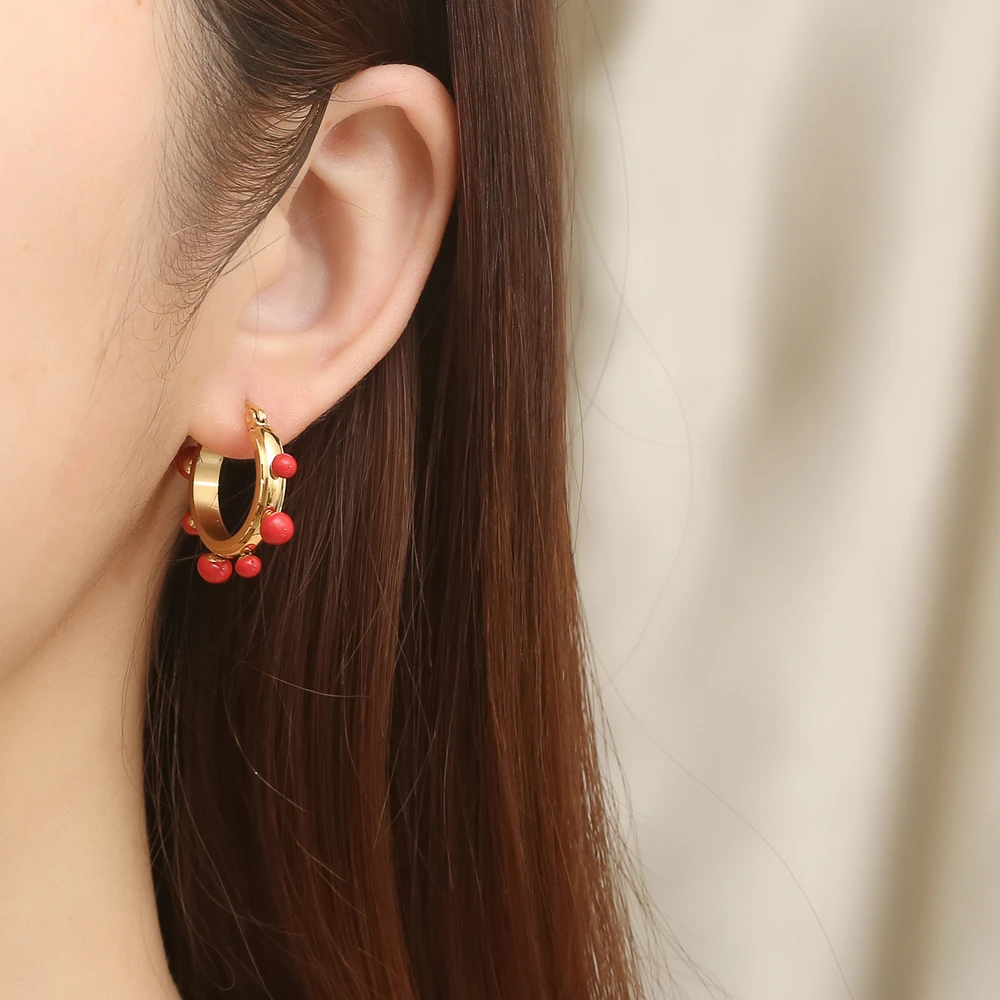 Stainless Steel Zircon Stone Red Bead Hoop Earring Round Fashion Trend For Women