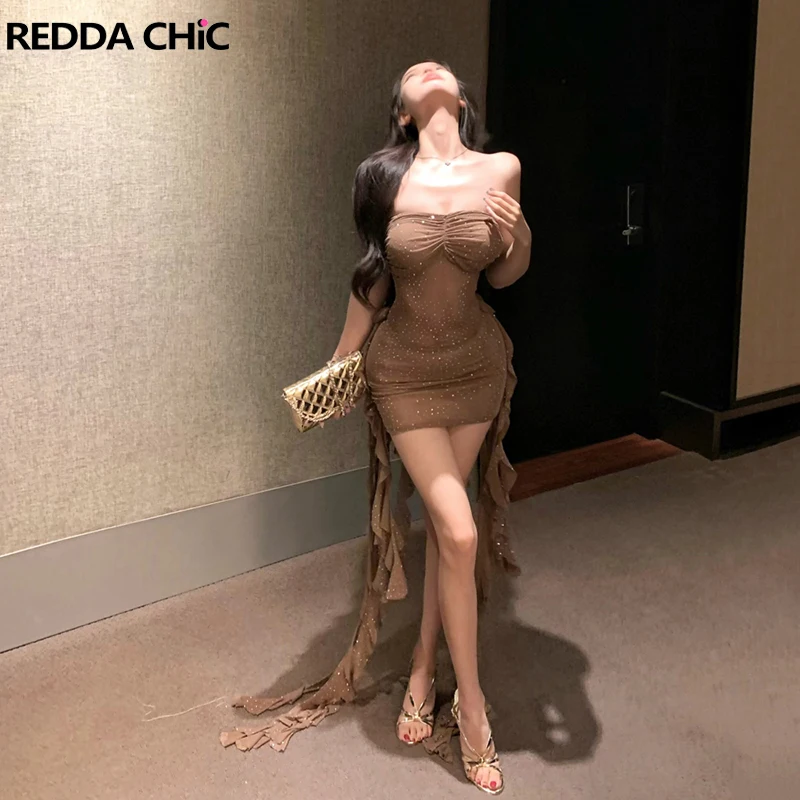 

ReddaChic Diamond Glitter Mini Party Dress Summer Mesh Stretch Corset Fringe Hem Slim Sheath Mini Mesh Dress Sexy Women Clothes