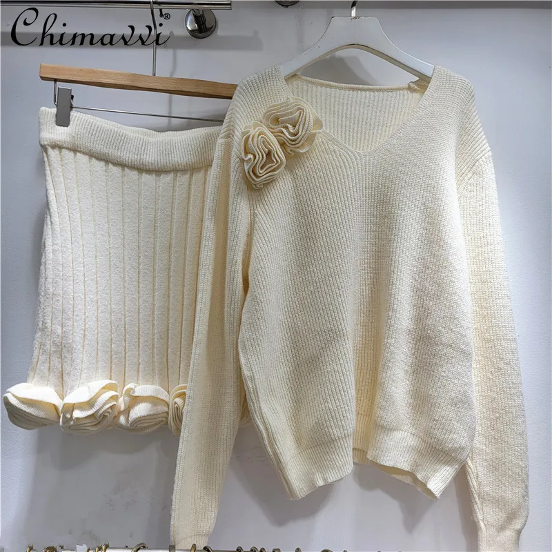 

French Style 3D Rose V-Neck Long Sleeve Knitted Sweater + Slim Fit Bodycon Midi Skirt Women's Two-Piece Set 2025 Autumn New